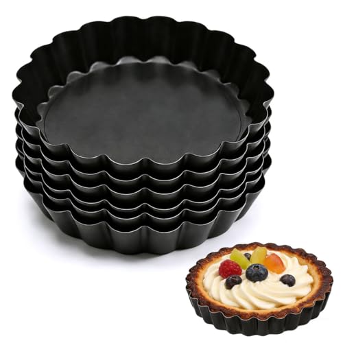 Quiche Pan, 6Pcs Tart Tin, 12 x 2cm Quiche Tins with Loose Base Flan Tins with Loose Base for Baking Cooking Quiche Pie Tartlet Cheesecake