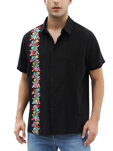 Mexican Shirts for Men Guayabera Embroidered Traditional Fiesta Button Up Collared Short Sleeve Shirt