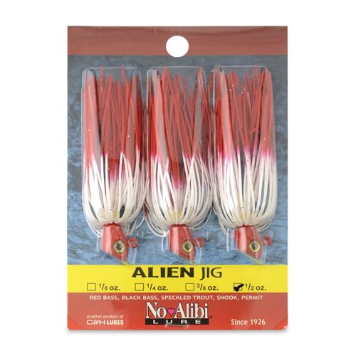 No Alibi Alien Jig Inshore Series, Red/White Skirt, 1/2 oz Red Head, 5/0 Hook, 3 pc