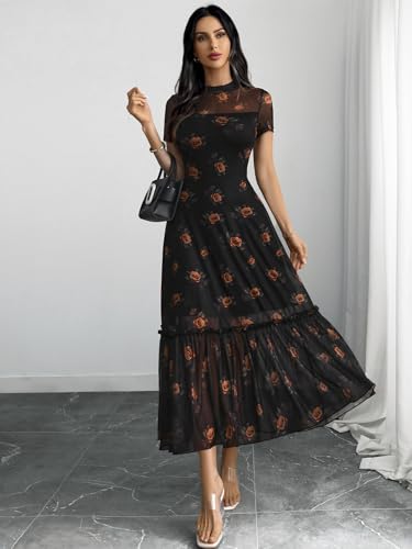 Image of GothDark Women's Summer Floral Mesh Ruffle Dress Short Sleeve Round Neck Waist Cinched Casual Maxi Wedding Guest Dresses