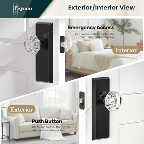 Image of Glass Door Knobs for Interior Doors - Vintage Crystal Privacy Bedroom & Bathroom Door Knob with Lock - Diamond Cut Door Handle - Matte Black Finish (1 Pack 7 Inch Height)