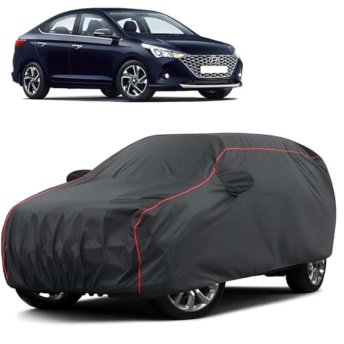 Image of Sulfar 100% Water Resistant Car Body Cover Compatible with Mirror for Hyundai Verna (Triple Stitched, Full Bottom Elastic, Dark Grey Taffeta with Red Piping)