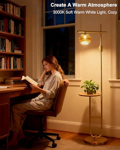 Image of Lightdot 66IN Gold Dimmable Floor Lamps with Table, Modern Standing Tall Lamp with Brown Globe Glass Shade, Cross-Shaped Head and U-Pole Base for Living Room /Sofa Beside /Corner Decor(Bulb Included)