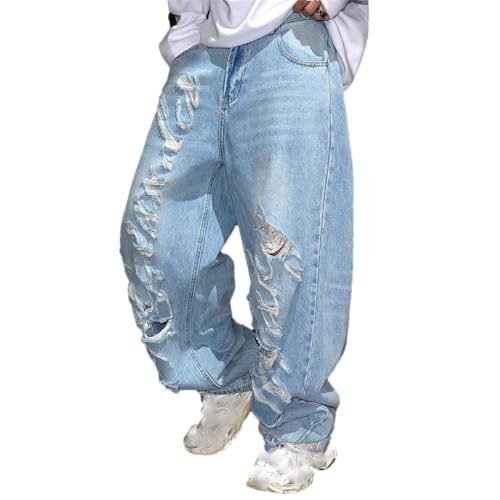 Men’S Hip Hop Baggy Straight Cotton Pants Button Fly Light Distressed Vintage Wash Ripped Streetwear Full Length Jeans