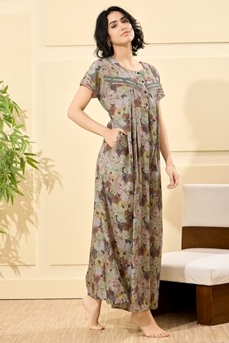 Image of GLAMORAS Bizzy Lizzy Cotton Nighty Gown with Side Pocket for Women | Regular, Digital Printed & Full Length Maxi Night Gown | Night Wear Maxi Gown for Women | Size: M-2XL