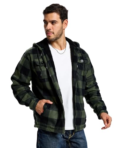 Image of TanBridge Men's Cotton Plaid Shirts Jacket Full Zip Fleece Flannel Sherpa Lined Hoodies Heavyweight Hoodies Jacket for Men
