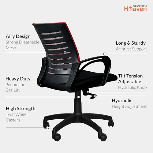 Image of Seventh Heaven Bolt Mid Back Revolving Office Chair for Work from Home, Study, and Computer Use | Heavy Duty Base | Ergonomic Mesh Design | Durable & Comfortable Seating (Red Mesh)