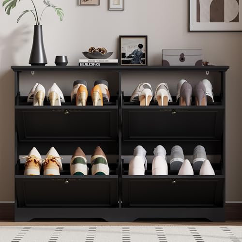 Large Shoe Cabinet for Entryway, 4 Flip Drawer Organizer with Adjustable Shelves, Wooden Slim Shoe Storage Cabinet and Rack for Closet, Hallway, Foyer3