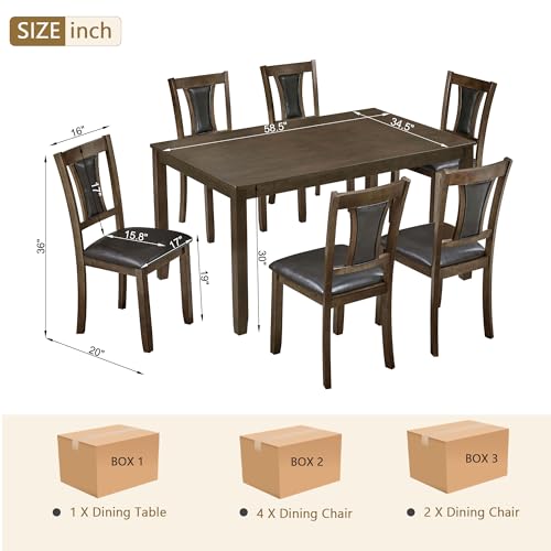 Image of KEIKI 7-Piece Standard Height Dining Table Set with Rectangular Table, 6 Upholstered Chair, for 6 Person, Farmhouse Rustic Style Table Set, Easy Assembly, for Kitchen, Dining Room, Walnut