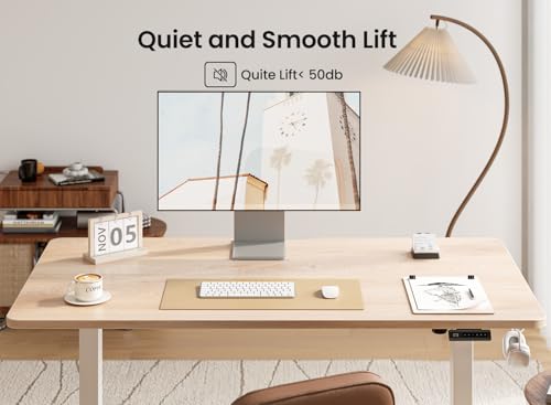 Image of BANTI 55 x 24 Inches Standing Desk, Ergonomic, Electric Height Adjustable, Sit and Stand Up, Computer Office Desk with Splice Board, White Frame /Maple Top
