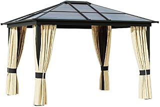 Outsunny 3 x 3.6m Polycarbonate Hard Top Gazebo with LED Solar Light and Aluminium Frame, Garden Pavilion with Mosquito Netting and Curtains