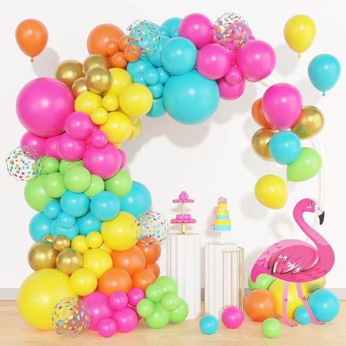 Amandir 153pcs Tropical Balloons Arch Garland Arch Kit Different Sizes 18 12 10 5 inch Hot Pink Green Blue Latex Metallic Confetti Luau Balloons for Summer Beach Aloha Hawaiian Pool Party Decoration