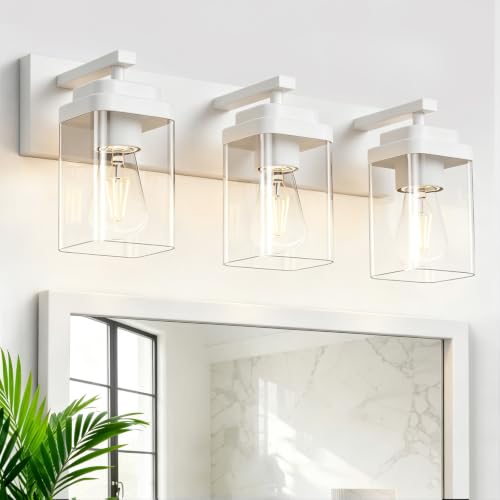 Image of White Bathroom Light Fixtures, 3 Lights Bathroom Lighting Fixtures Over Mirror, Square Design & Rectangle Large Backplate, Modern Vanity Lighting Fixtures, for Bathroom /Living Room /Bedroom