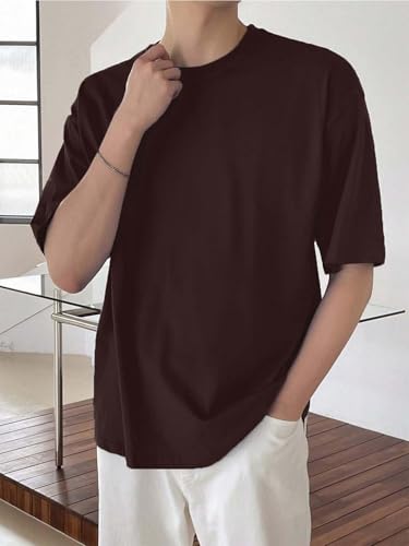 Image of LEOTUDE Half Sleeve Oversized Tshirt for Men, Round Neck Cottonblend Drop Shoulder Solid T-Shirt