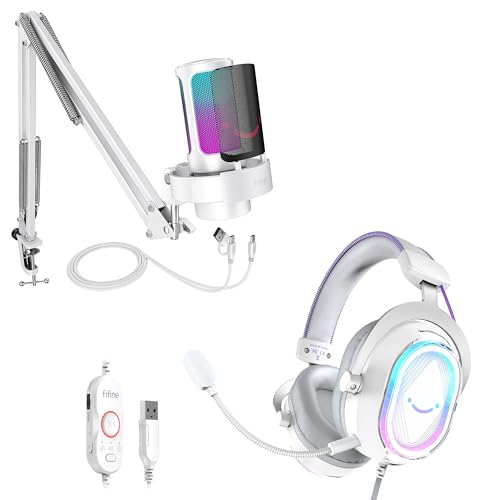 FIFINE USB Gaming Equipment Bundle with Microphone and Headset, Over-Ear Headset with Control Box, Soft Ear Pads and RGB Condenser Mic Kit for Streaming, Compatible for Window/Mac-A8TW+H13WP