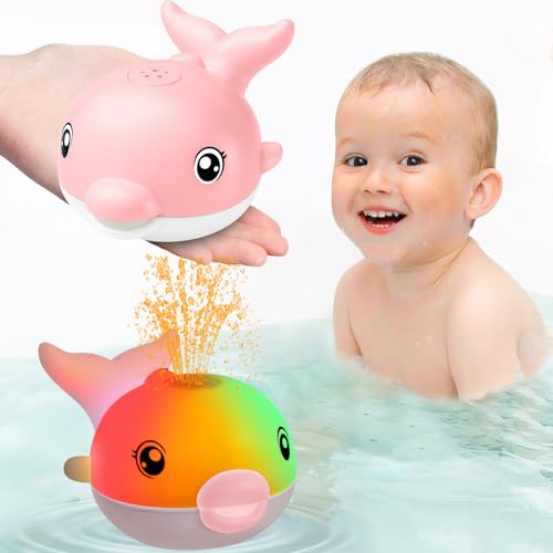 Image of Bath Toys, Light Up Dolphin Baby Bath Toys for Babies 6-12 12-18 Months, Rechargeable Sprinkler Musical Toys, Easter Basket Stuffers Bathtub Toys for Toddlers 1-3 2-4 Boys Girls Infant Kids- Pink