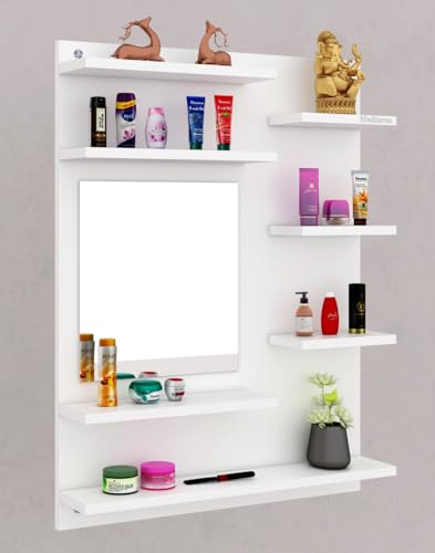 Image of Madhuran Ricco Engineered Wood Wall Mounted Dressing Table (White Finish) Living Room Bedroom Office Furniture Accessories Washbasin Makeup Space Saving Storage Washroom Mirrors