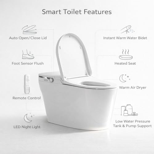 Smart Toilet with Bidet, Foot Sensor Activation, Heated Seat, Warm Water, Feminine Wash, Manual flip cover, Water Container for Low Pressure, White Cover with Black LED Light miniatura 6