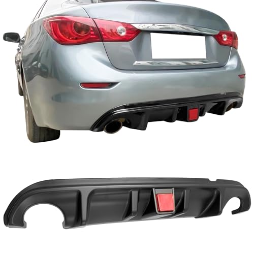 IKON MOTORSPORTS, Rear Diffuser Compatible with 2014-2017 Infiniti Q50, Matte Black PP Add-On Rear Bumper Lip Diffuser Spoiler Splitter Kit with Brake Light, 2015 2016