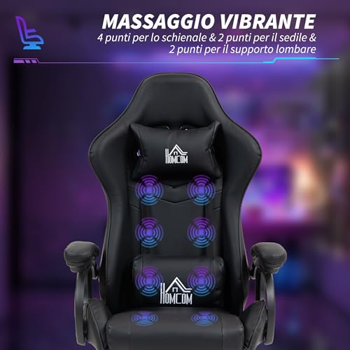 Sedia da Gaming Massaggiante con Poggiapiedi, Poltrona da Gaming Ergonomica Reclinabile con Altezza Regolabile, Poggiatesta regolabile, Supporto lombare e Telecomando, in Finta Pelle, Nero - Sedia gaming - Immagine 3