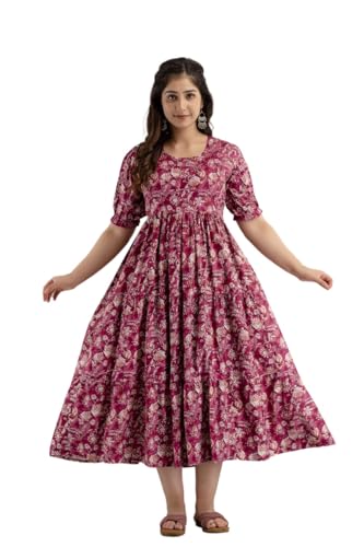 Image of Women's Rayon Anarkali Maternity Ankle Length Dress, Pregnancy Dress,Feeding Kurti,Easy Brest Feeding Dress, with Both Side 9 inch Zipper and Belt