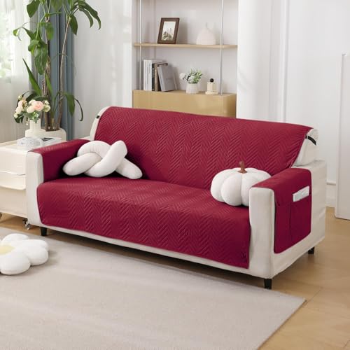 Image of HOKIPO Polyester 3 Seater Quilted Sofa Cover with Pockets, Maroon (NEW-IN-803-MRN)