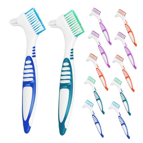 BAZEITFLOW 12 Piezas Cepillo para Dentaduras Doble Cara Portátil con Cerdas Suaves para Limpieza Profunda y Cuidado de Prótesis Retenedores y Mango Antideslizante para Personas Mayores