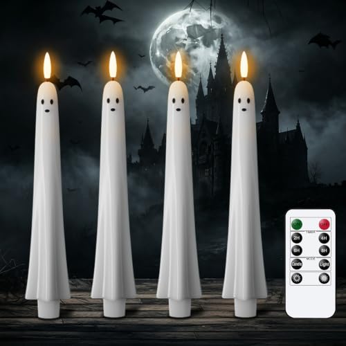 Image of Ghost Flameless LED Taper Candles Battery Operated Remote Timer | Ghost Light Flameless Candlesticks, Long Lasting Real Wax 3D Wick Flickering, Cute Halloween Decor, 0.79 inchD x 9.5 inchH, 4 Pack