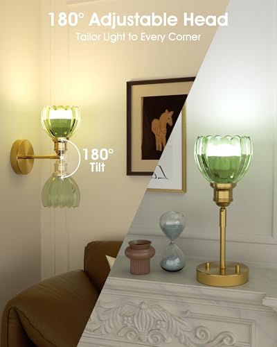 Image of VOLISUN Vintage Battery Operated Wall Sconce,with Green Tulip Glass Lampshade, Wireless Wall Sconce, Rechargeable Battery Powered Wall Light, Sconce Wall Decor for Bedroom Living Room