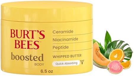 Burt's Bees Boosted Body Whipped Butter With a Ceramide, Niacinamide and Peptide Complex, Quick-Absorbing Body Butter Helps Support Skin Barrier, Tropical Scented, 6.5 oz. Jar