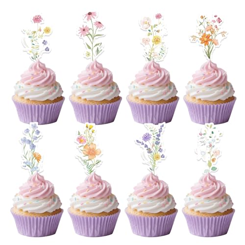 40 pcs wildflower party decorations, birthday cupcake toppers, wildflower cupcake toppers for bridal shower, 2025 Graduation Prom Party Cake Decorations Supplies