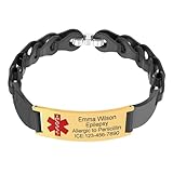 BAIYI HOPE Silicone Medical Alert ID Bracelets for Women Hypoallergenic Sport Band Adjustable Unisex Wristbands Customized Gold-Plated Stainless Steel Medic Emergency Alarm ID Bracelet 6-8in