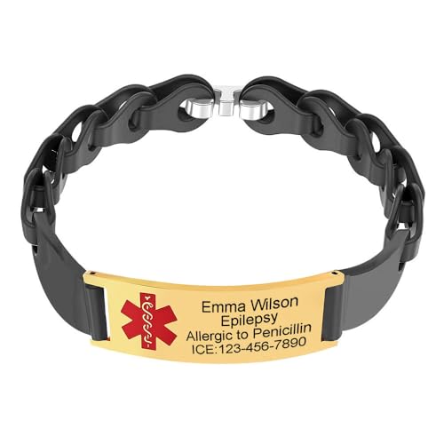 BAIYI HOPE Silicone Medical Alert ID Bracelets for Women Hypoallergenic Sport Band Adjustable Unisex Wristbands Customized Gold-Plated Stainless Steel Medic Emergency Alarm ID Bracelet 6-8in