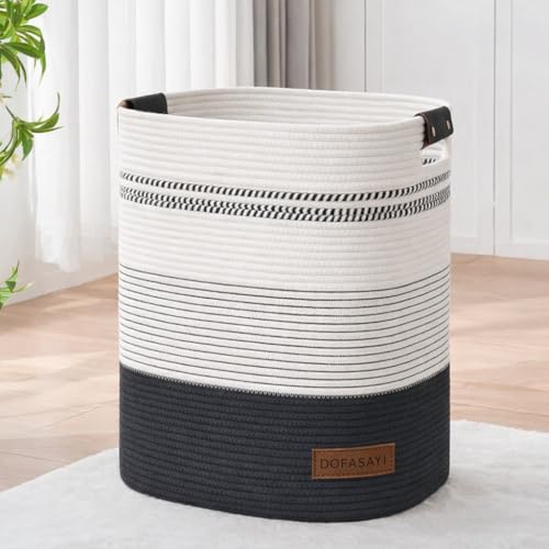 DOFASAYI Laundry Hamper - Large Laundry Basket with Leather Handles, Decorative Storage Basket for Blankets - Clothes Hamper for Living Room, Bedroom，85L, Black & White