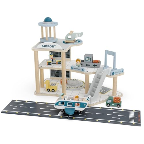howa Spielzeug Flughafen Holz mit Flugzeug & Hubschrauber – Flugzeugspielset mit Landebahn, Tower, Fahrzeugen & 4 Spielfiguren – Holzspielzeug Set inkl. 18-teiligem Zubehör 7018