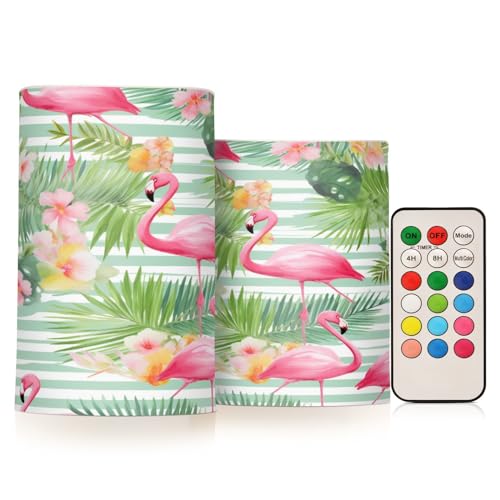 ALAZA Pink Flamingo Flowers07 Flickering Flameless Candles Battery Operated with Remote Timer,Tea Light Candles LED Pillar Votive Candles Set of 2 for Outdoor Indoor Decorations