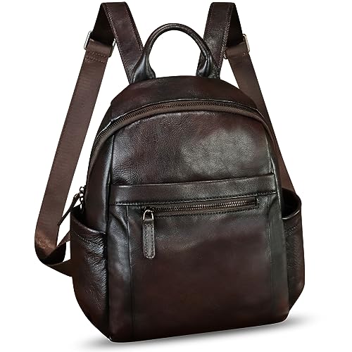 IVTG Genuine Leather Fashion Backpack for Women Vintage Cowhide Soft Real Leather Knapsack Purse Rucksack Daypack Bag (Coffee)