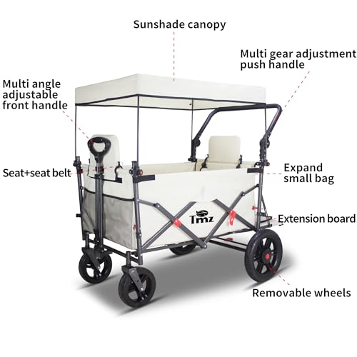 TMZ Folding Wagon Featuring 2 Seats, Folding Handcart trolley with Removable Canopy, Collapsible Garden Wagon with Brake for Festival Shopping Camping Picnic (Beige)