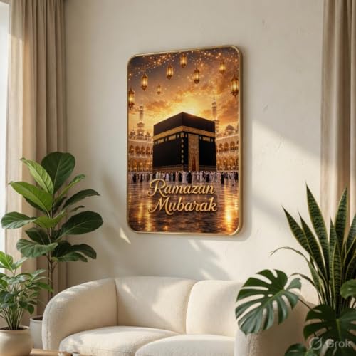Image of SAF Islamic Ramadan Mubarak Kaaba Wall Painting with Premium PVC Golden Frame, Makkah Mosque Lantern Art, Muslim Religious Home Decor for Prayer Room (13x19 Inch) MG-36044