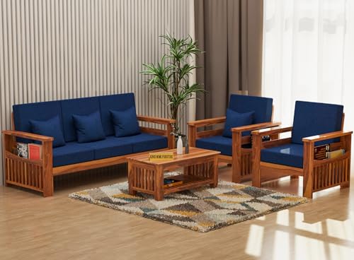 Image of Sheesham Wooden 5 Seater Sofa for Living Room | Rosewood 5 Seater Cushion Sofa Side Half Moon Rack | Solid Wood Sofa Set for Lounge (-3+1+1,Honey Finish)