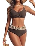 Hanna Nikole Damen Bikini Sets, Badeanzug Damen Bauchweg,Textured High Waist Bikinis Sets,Push up Bikini Oberteil mit Retro Bikinihose,2 Teiliger Badeanzug mit Twist Farbblock Design