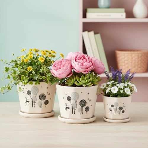 Image of Xtore Elegant Botanical Ceramic Planter Set with Drainage Saucers | Decorative Indoor Flower Pots for Living Room, Balcony, Office Desk & Tabletop Gardening (Set of 3, Ivory Beige - Planters only)