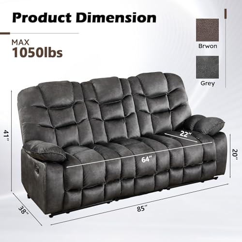 Image of HAOMARKETS 3 Seat Manual Reclining Sofa, Soft Fabric Recliner Couch with Padded Headrest and Armrests, 85 inch Wide Overstuffed 3-Seater Recliner Couches for Living Room, Grey