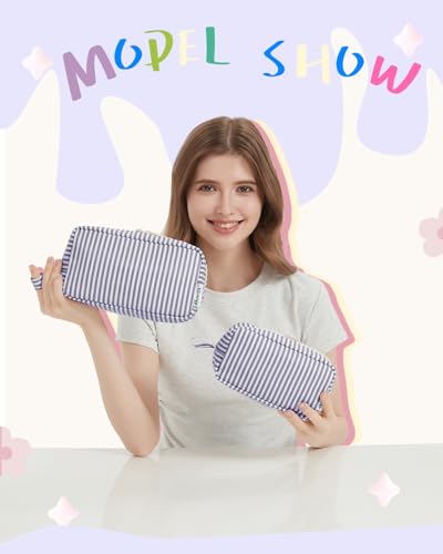 Image of Narwey Cute Makeup Bag Small Toiletry Bag Travel Cosmetic Bag Organizer Make Up Bags with Organized Pockets for Women (Greyish Blue Stripe, Large)