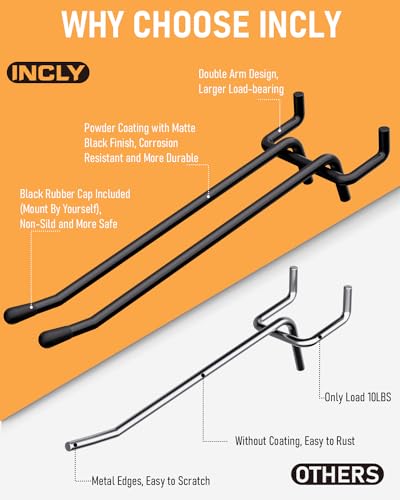 INCLY 4/6 Inch Black Pegboard Hooks, 36 Pack Heavy Duty Double Arm Peg Board Straight Hooks, Peg Board Tool Hangers Fit for 1/4