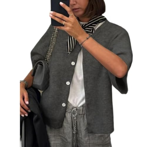 Image of Sumleno Womens Ribbed Knit Cardigan Y2k Crop Top Short Sleeve Button Down Open Front Sweater Loose Casual Cardigan