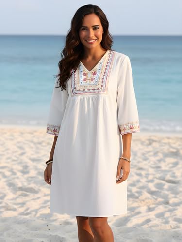 Image of LauraKlein Mexican Embroidered Dress for Women Plus Size Boho 3 /4 Sleeve Summer Dresses Fiesta V-Neck Casual Vacation Clothes