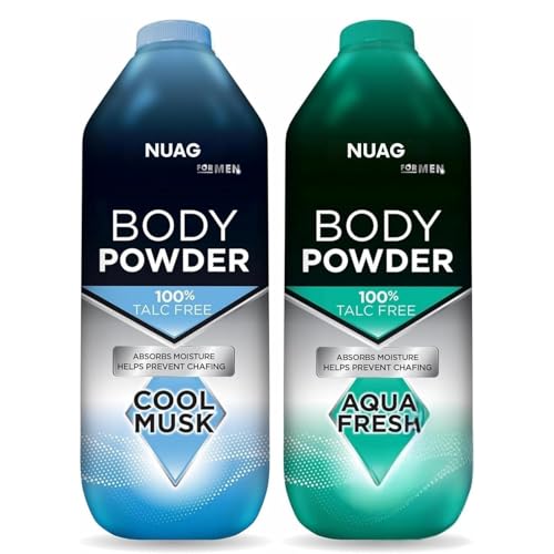 2xNUAGE Body Powder for Men 100% Talc-Free Body Powder Aqua Fresh & Cool Musk Anti-Chafing Sweat Control & Odour Protection 2 Pack (250g Each)