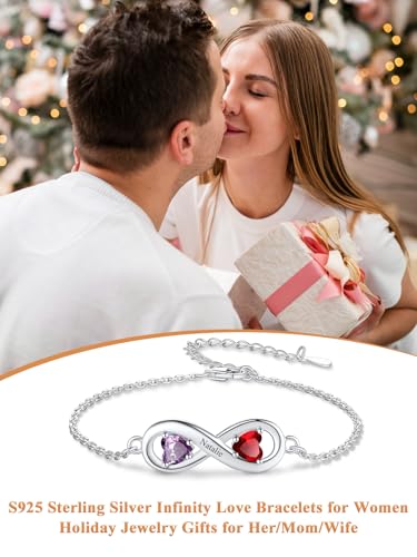 Custom4U Personalized Infinity Love Symbol Link Bracelets for Women 925 Sterling Silver Birthstone Bracelet Adjustable Engraved Chain Christmas Mother's Day Birthday Jewelry Gifts for Mom Her4