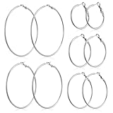 5 Pairs Silver Hoop Earrings Large 30/40/50/60/70 mm Large Hoop Earrings for Women Stainless Steel Hoops Earring Stylish Simple Lightweight Big Thin Silver Dangle Earring Set for Women Girls